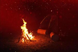 Bonfire at night, lighting a fire to provide additional illumination during dark times. To relieve the cold and add warmth to the body in winter. photo