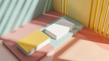 Two stacks of business cards mockup arranged on pastel colored platform. Playful and modern design. Businesscards template advertising image. Stationery mock up product photorealistic photo