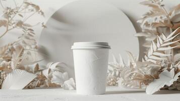 White textured takeaway coffee cup mockup designed by white foliage. Elegant and monochromatic composition. Coffeecup template advertising image. Takeout disposable mock up product photo