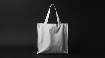 Plain white tote bag mockup against stark black background. Minimalistic simplicity. Recycled blank bag template advertising image. Classic totebag mock up product photorealistic photo