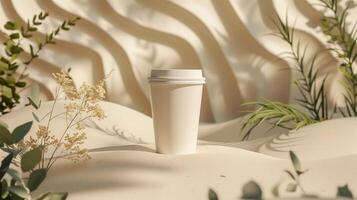 White takeaway coffee cup mockup amidst wavy sand texture with plants. Serene and natural desert. Coffeecup template advertising image. Takeout disposable mock up product photorealistic photo