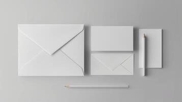 Flat lay of white stationery items mockup on light grey background. Two envelopes, pencil and note cards template advertising image. Clean and minimalistic design mock up photorealistic photo