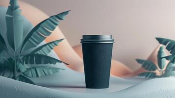 Takeaway coffee cup mockup against wavy landscape with large banana leaves. Coffeecup template advertising image. Stylish presentation. Takeout disposable mock up product photorealistic photo