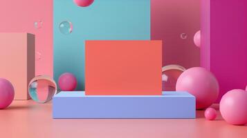 Blank red card mockup set against vibrant geometric background. Glass and pink spheres. Businesscard template advertising image. Dynamic design. Stationery mock up product photorealistic photo