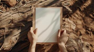 Female holding paper sheet mockup against driftwood and sand. Shadows and natural elements. A4 booklet template advertising image. Blank flyer design mock up product photorealistic photo