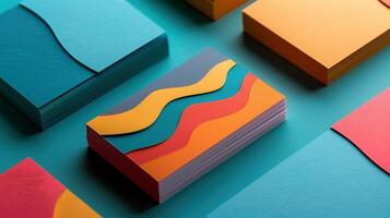 Stacks of multicolored business cards mockup with wavy patterns. Turquoise background. Modern style. Businesscards template advertising image. Stationery mock up product photorealistic photo
