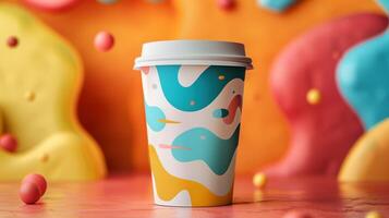 Colorful takeaway coffee cup mockup with abstract pattern. Dynamic and playful composition. Coffeecup template advertising image. Takeout disposable mock up product photorealistic photo