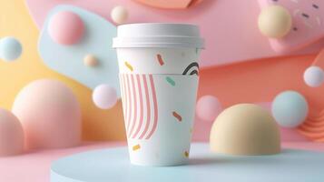 Festive white takeaway coffee cup mockup with colorful confetti patterns. Playful pastel background. Coffeecup template advertising image. Takeout disposable mock up photorealistic photo