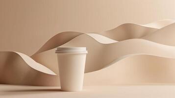 Minimalistic coffee cup mockup against smooth beige wavy shapes. Coffeecup template advertising image. Tranquil and harmonious scene. Takeout disposable mock up product photorealistic photo