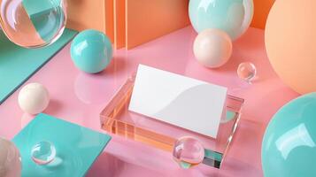 White rectangular card mockup placed on clear acrylic stand amidst glossy spheres. Paper blank template advertising image. Whimsical, pastel colored scene. Businesscard mock up product photo