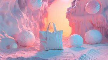 White tote bag mockup placed in pastel pink surreal dreamlike setting. Spherical shapes, soft textures. Recycled blank bag template advertising image. Totebag mock up photorealistic photo