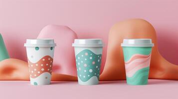 Three coffee cups mockup with pastel wavy and polka dot patterns. Coffeecups template advertising image. Whimsical and vibrant scene. Takeout disposable mock up product photorealistic photo
