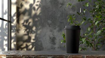 Black takeaway coffee cup mockup on rust surface with sunlit shadow leaves. Green foliage, weathered grey wall. Coffeecup template advertising image. Takeout disposable mock up product photo