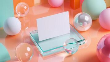 Blank white card mockup displayed on glass platform surrounded by colorful orbs. Vibrant pastel colors, glossy surfaces. Businesscard template advertising image. Stationery mock up photo