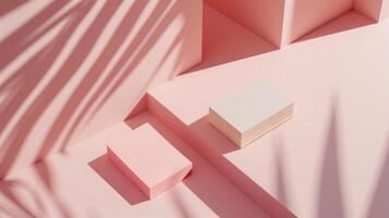 Stacks of blank cards mockup placed on pastel pink surface with palms shadows. Businesscards template advertising image. Soft and minimalistic setup. Stationery mock up product photo