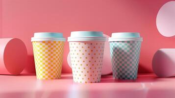 Three takeaway coffee cups mockup with checkered and polka dot patterns. Playful cheerful scene. Coffeecups template advertising image. Takeout disposable mock up product photorealistic photo