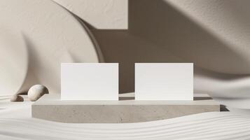 Two blank cards mockup displayed on textured platform with natural light. Gray tones, simple design. Businesscards template advertising image. Stationery mock up product photorealistic photo