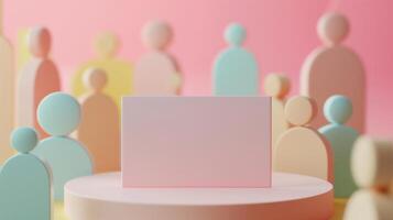 Business card mockup displayed on circular podium by pastel abstract figures. Visually engaging scene. Businesscard template advertising image. Stationery mock up product photorealistic photo