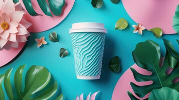 Turquoise takeaway coffee cup mockup with wavy texture in tropical setting. Exotic vibrant composition. Coffeecup template advertising image. Takeout disposable mock up photorealistic photo