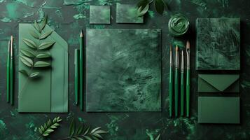 Flat lay of green-themed art and stationery supplies mockup. Textured surface. Paintbrushes, green envelopes template advertising image. Leafy branches, canvas mock up photorealistic photo