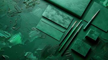 Flatlay of green art supplies mockup on paint textured surface. Green brushes, envelope template advertising image. Stylish arrangement. Stationery items mock up products photorealistic photo