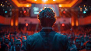 European man stands on stage in front of large audience in theater image. Business conference photography scene wallpaper. Corporate presentation concept photorealistic photo