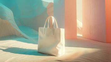 Sunlit illuminated tote bag mockup stands in surreal dreamlike environment. Pastel teal red. Recycled blank bag template advertising image. Totebag mock up product photorealistic photo