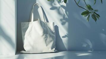 White tote bag mockup with long handles against foliage shadow fall. Soft natural light. Recycled blank bag template advertising image. Serene minimalistic. Totebag mock up product photo