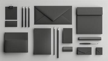 Flat lay of black corporate stationary mockup organized neatly on light gray. Envelopes, pencils, notepad pages template advertising image. Minimalist mock up products photorealistic photo