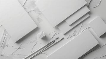 Flatlay of art brushes canvas mockup on textured white surface. Paintbrushes, white panels template advertising image. Monochromatic arrangement mock up product photorealistic photo