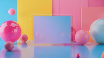 Clear acrylic sign mockup in vibrant multicolored environment. Glossy spheres in abstract composition. Paper blank template advertising image. Businesscard mock up product photorealistic photo