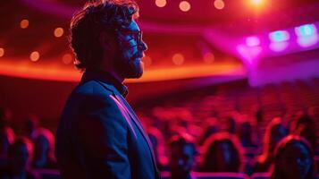 Glasses beard man speaker stands on stage illuminated by red lights image. Auditorium with attentive audience photography scene. Professional presentation concept photorealistic photo