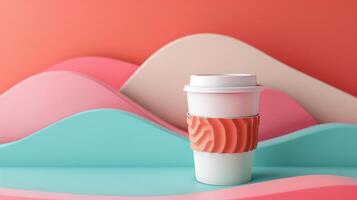 Coffee cup mockup with textured coral sleeve against pastel waves backdrop. Stylish decor. Coffeecup template advertising image. Takeout disposable mock up product photorealistic photo