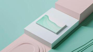 Stack of pastel green business cards mockup with wavy patterns. Pink white platform. Elegant design. Businesscard template advertising image. Stationery mock up product photorealistic photo