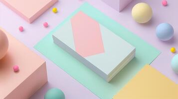 Stack of pastel colored business cards mockup arranged on abstract surface. Paper blank template advertising image. Whimsical modern touch. Businesscard mock up product photorealistic photo