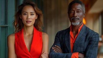 Confident asian woman and older black man stand side by side portrait image. Serious professional expressions picture photorealistic photography. Partnership concept photo realistic