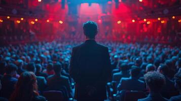 Professional speaker walks to stage for business conference image. Dramatic red blue lighting. Business talk photography scene wallpaper. Corporate event concept photorealistic photo