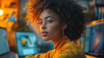 Focused young black woman in glasses works on computer portrait image. Warm ambient lighting picture photorealistic photography. Intense concentration workspace concept photo realistic