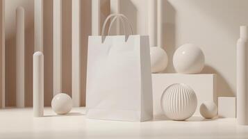 Beige shopping bag mockup with handles amidst geometric shapes. Eco friendly product package template advertising image. Simplicity, sophistication. Giftbag branding mock up realistic photo