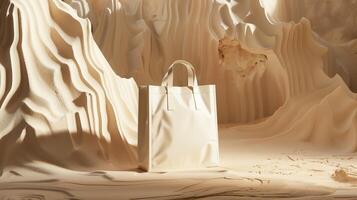 Sunlit beige tote bag mockup in textured sculptural environment. Sweeping curves and organic forms. Recycled blank bag template advertising image. Totebag mock up product photorealistic photo