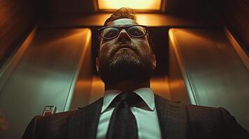 Confident glasses bearded man stands in elevator, viewed from low angle image. Serious expression, formal attire photography scene. Business executive concept photorealistic photo