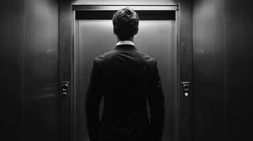 Back view businessman stands in front of elevator monochrome image. Business man in suit black and white photography close-up photorealistic. Professional solitude concept photo