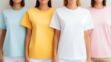 Four women wearing pastel tshirts template stand side by side. Female t-shirts mockup advertising image. Clothing design short-sleeved. Apparel clothes mock up product photorealistic photo