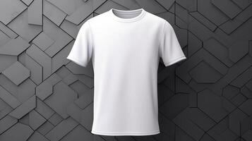Plain white tshirt template displayed against geometric patterned wall. T-shirt mockup advertising image. Design short-sleeved. Apparel casual clothes mock up product photorealistic photo