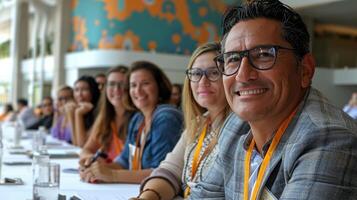 Cheerful group of conference attendees sitting in row image. Networking event. Happy professionals smiling at camera photography scene. Businesspeople concept photorealistic photo