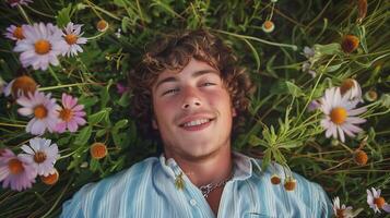 Smiling european man resting on chamomile field image. Handsome caucasian male lying in meadow photography scene wallpaper. Spring season beauty concept photorealistic photo