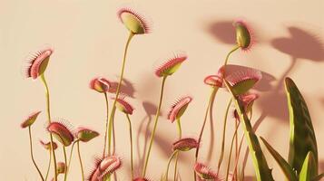 Exotic venus fly trap casting shadows on wall photo. Insectivorous plant from tropical wetlands image background wallpaper. Dionaea muscipula houseplant concept picture realistic photo