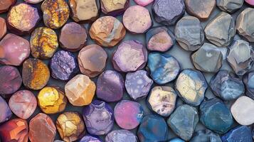 Collection of faceted stones with metallic sheen texture background image. Natural unique patterns photo backdrop wallpaper realistic. Mineral diversity concept photorealistic