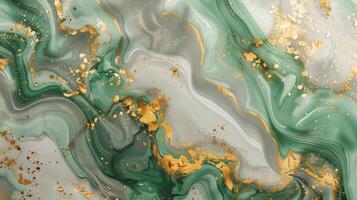 Elegant green white marbled design with golden glitter background image. Flowing pattern with luxurious colors photo backdrop wallpaper realistic. Sophistication concept photorealistic