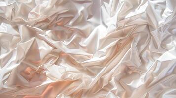 Detailed closeup of crumpled pearl white fabric texture background image. Light and shadow. Wrinkled material photo backdrop wallpaper realistic. Abstract concept photorealistic